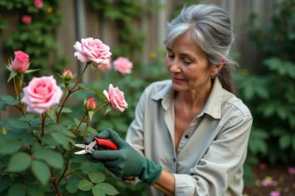 Femme qui taille un rosier après floraison en été avec un sécateur dans son jardin