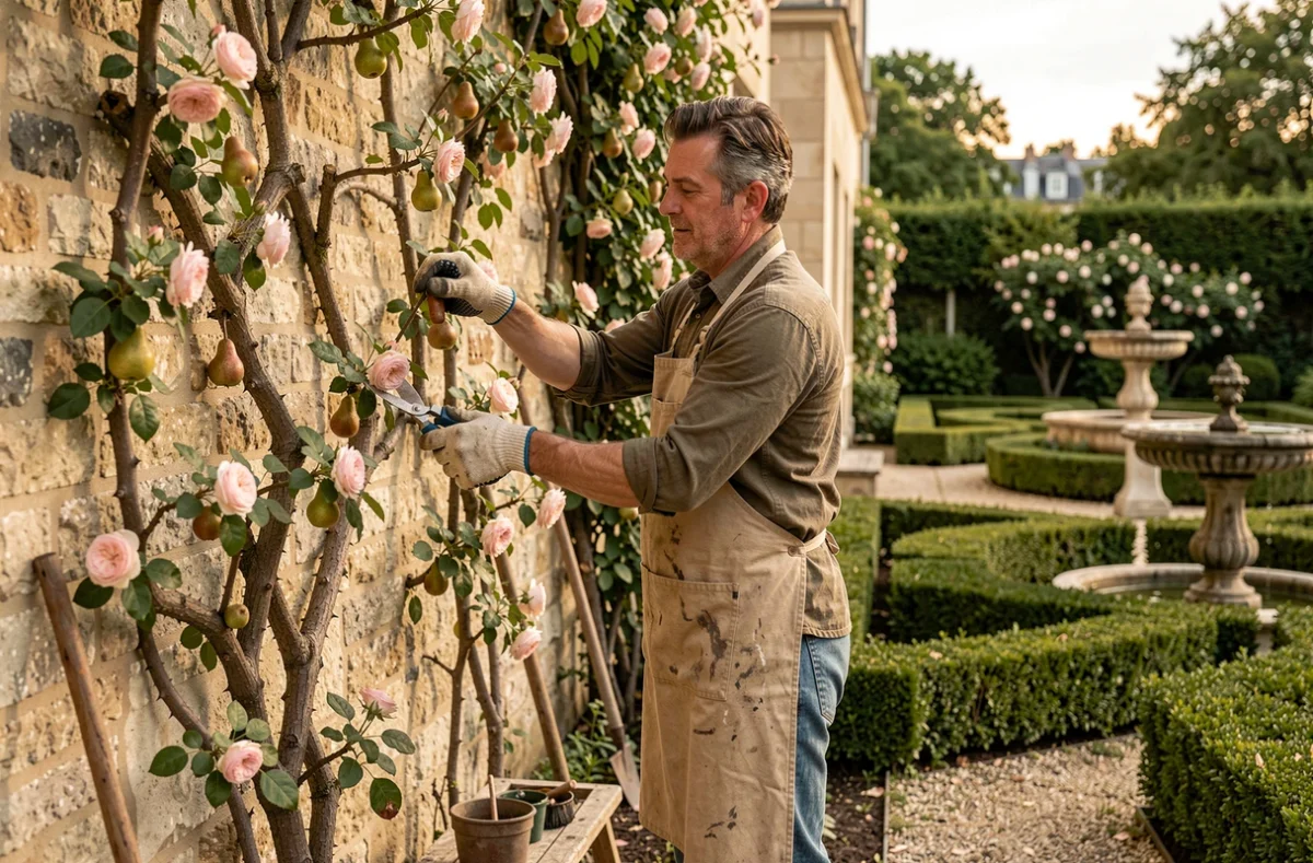 Paysagiste de Tardy Paysagiste taillant un espalier contre un mur de pierre dans un jardin privé de maison de ville parisienne