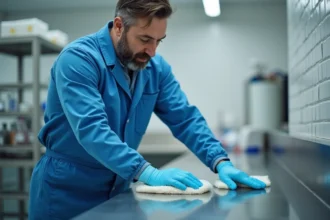 Technicien en bleu nettoyant une surface de laboratoire