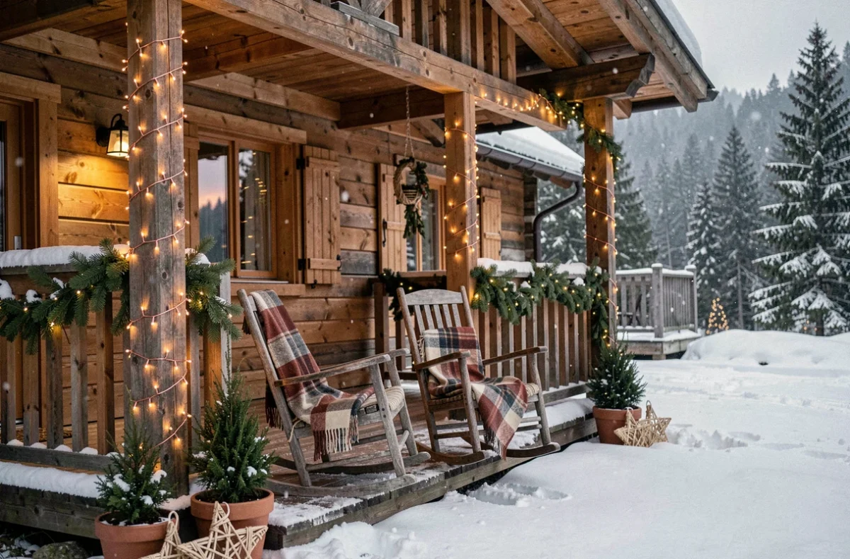 Terrasse de chalet en bois décorée pour Noël avec guirlandes lumineuses et sapins enneigés en arrière-plan