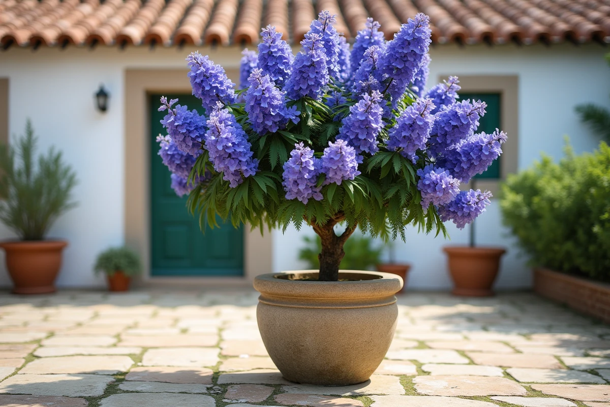 Arbre jacaranda en pot sur une terrasse méditerranéenne avec fleurs violettes en trompette