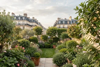 Terrasse parisienne plantée avec les toits de Paris en arrière-plan