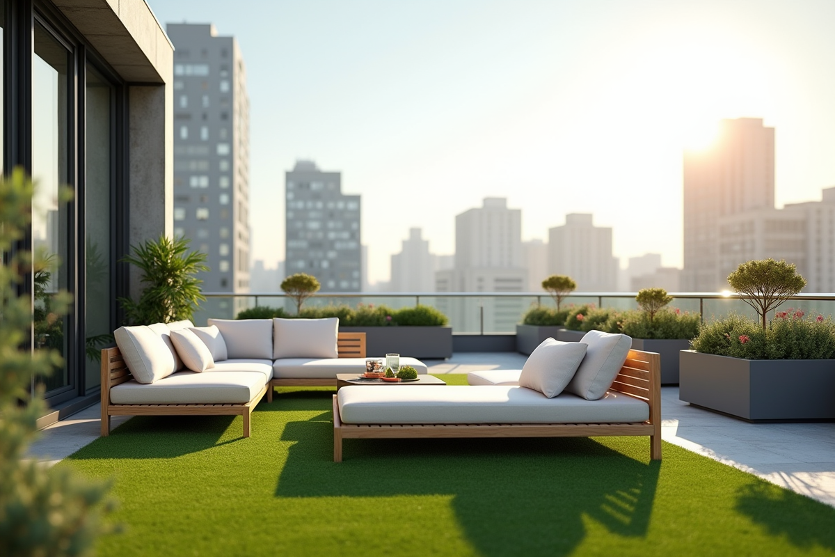 Terrasse moderne avec gazon artificiel et mobilier minimaliste