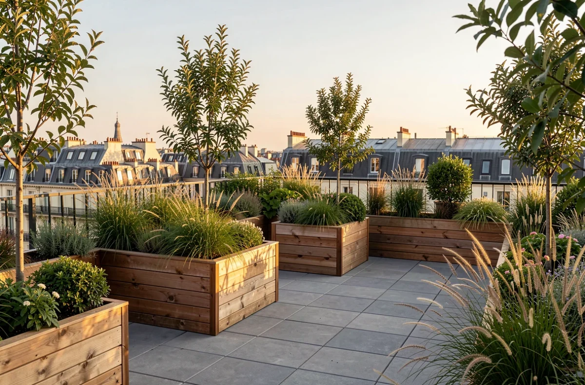 Toit-terrasse parisien planté de graminées et d'arbustes en bacs