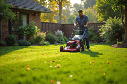 Homme tondant une pelouse verte dans un jardin ensoleille