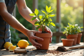 Personne transplantant un petit arbre de citron dans un pot en terre cuite