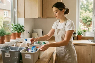 Femme triant ses déchets recyclables dans une cuisine moderne en bois clair avec des bacs étiquetés