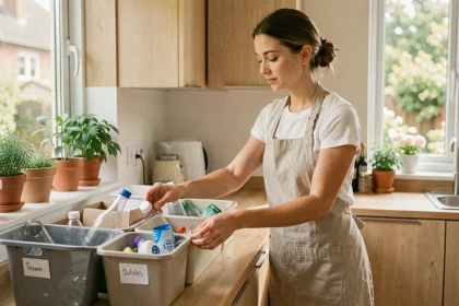 Femme triant ses déchets recyclables dans une cuisine moderne en bois clair avec des bacs étiquetés