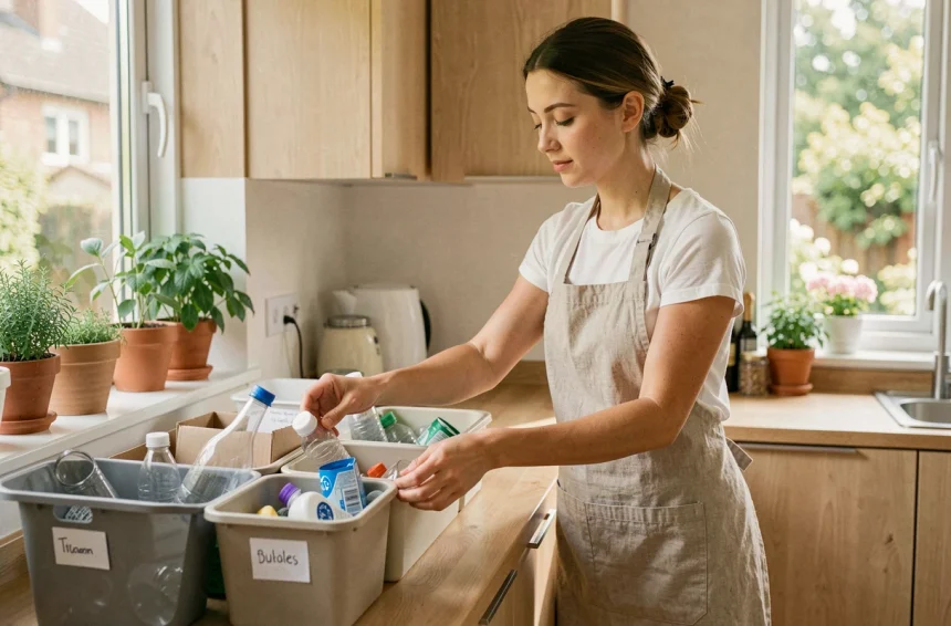 Femme triant ses déchets recyclables dans une cuisine moderne en bois clair avec des bacs étiquetés
