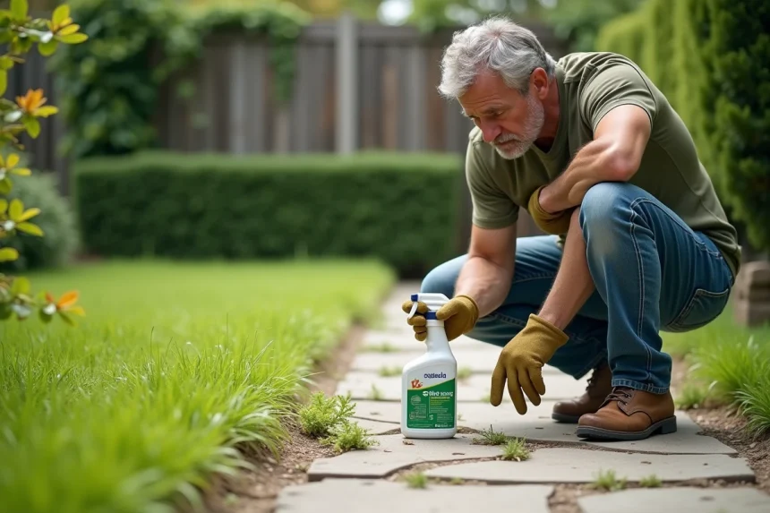 Homme utilisant un désherbant radical en spray sur des mauvaises herbes entre des dalles de béton dans un jardin suburban