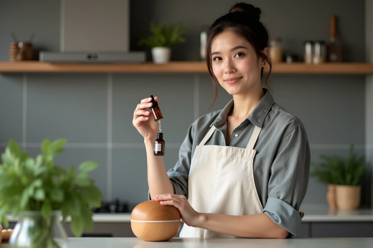 Femme utilisant une huile essentielle d'aneth avec précaution dans une cuisine moderne, tenant un flacon compte-gouttes ambré