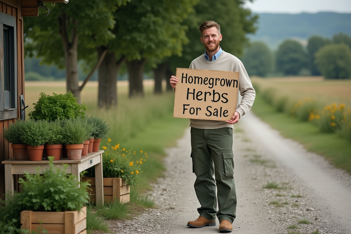 Jeune homme vendant des herbes sur un stand rural