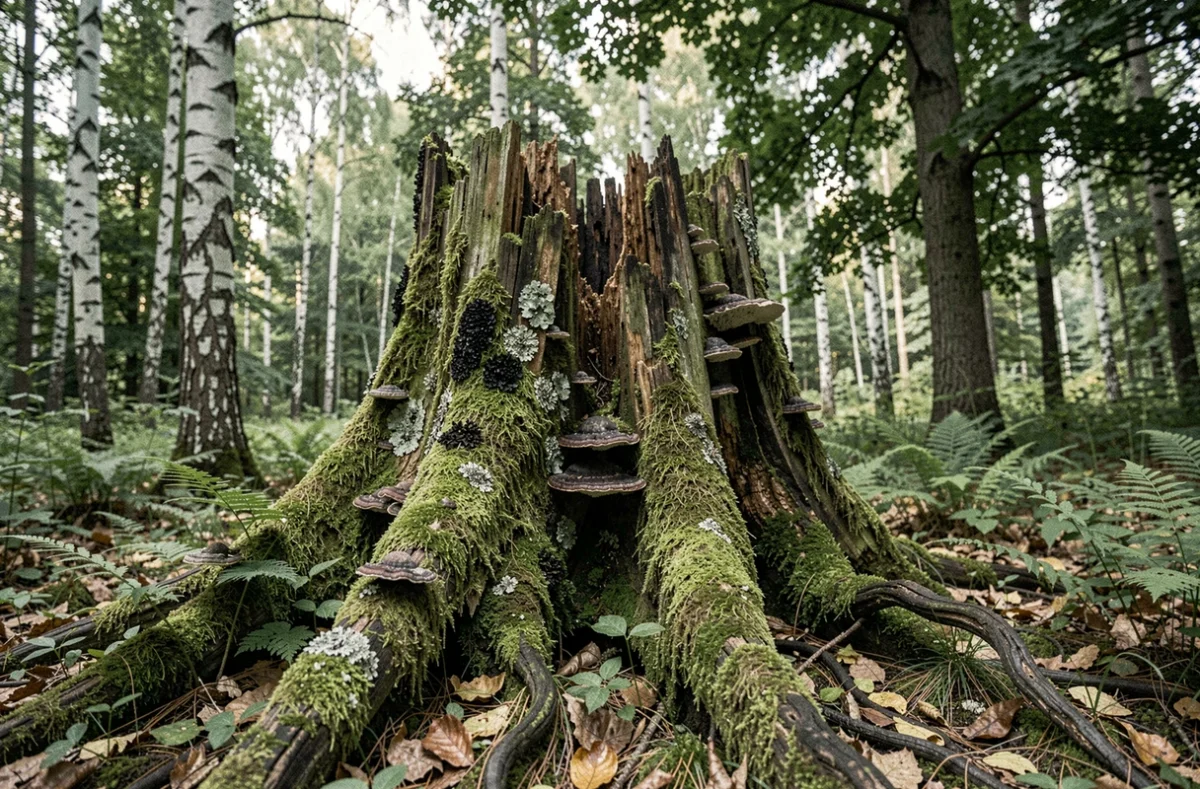 Vieille souche d'arbre envahie par la mousse et les champignons dans une clairière forestière naturelle