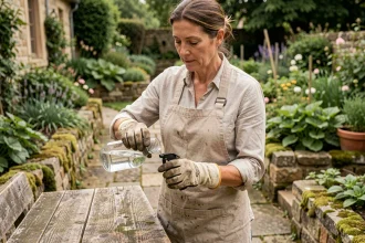 Femme versant du vinaigre blanc dans un spray de désherbage dans un jardin sans glyphosate