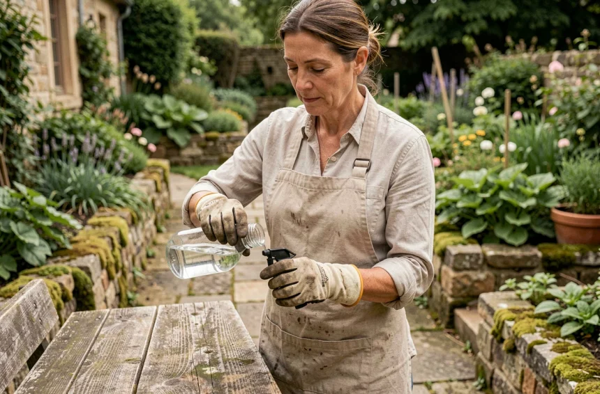 Femme versant du vinaigre blanc dans un spray de désherbage dans un jardin sans glyphosate